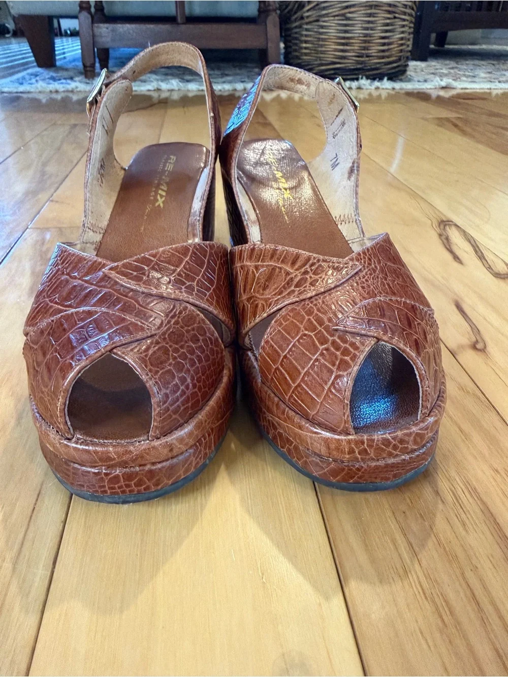 Re-Mix Women's Brown Croc-Embossed Leather Wedge Slingback Peep-Toe Shoe
